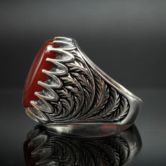 SILVER MEN RING IN RED AGATE STONE
