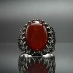 SILVER MEN RING IN RED AGATE STONE
