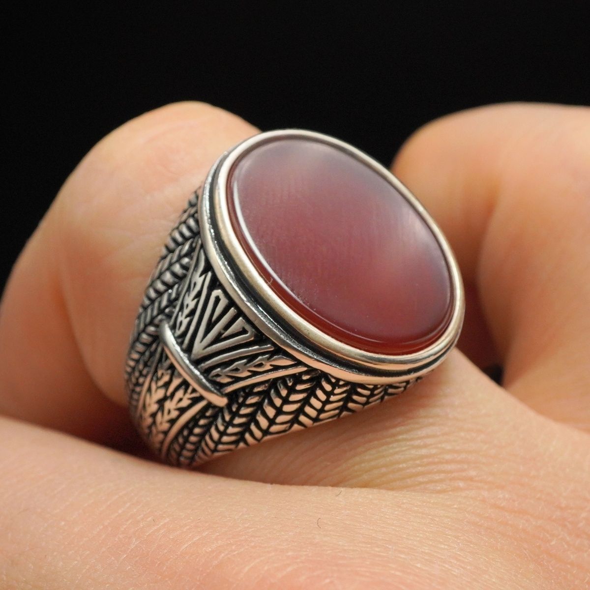 OVAL AGATE GEMSTONE 925 STERLING SILVER RING FOR MEN