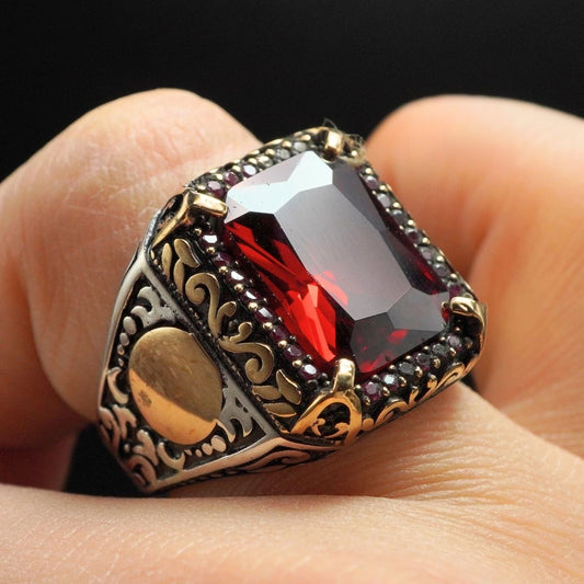 RED RUBY 925 STERLING SILVER MEN HANDMADE RING