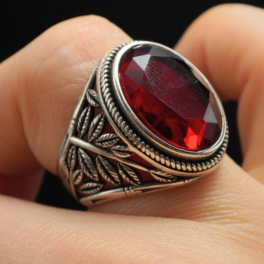 TURKISH HANDMADE RUBY GEMSTONE 925 STERLING SILVER RING FOR MEN