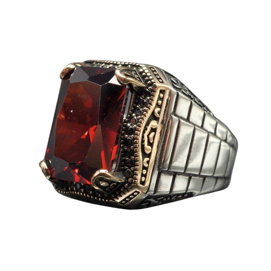 RED RUBY TURKISH HANDMADE 925 STERLING SILVER RING FOR MEN
