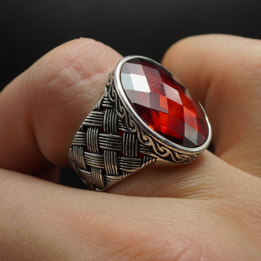 RED RUBY 925 STERLING SILVER HANDMADE RING FOR MEN