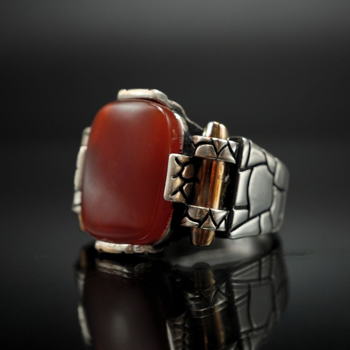 RED AGATE HANDMADE SILVER RING FOR MEN