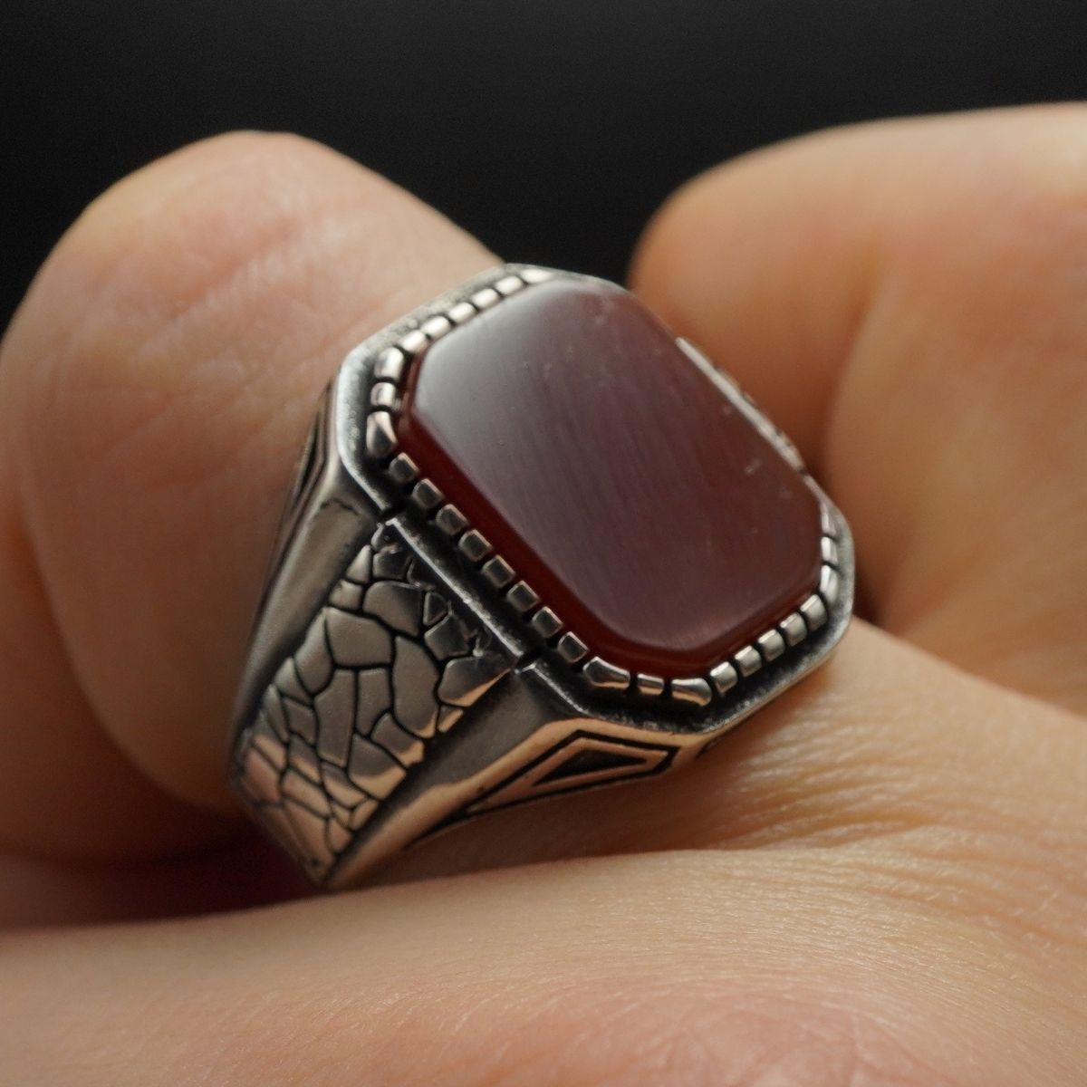 CLASSIC RED SILVER HANDMADE RING FOR MEN