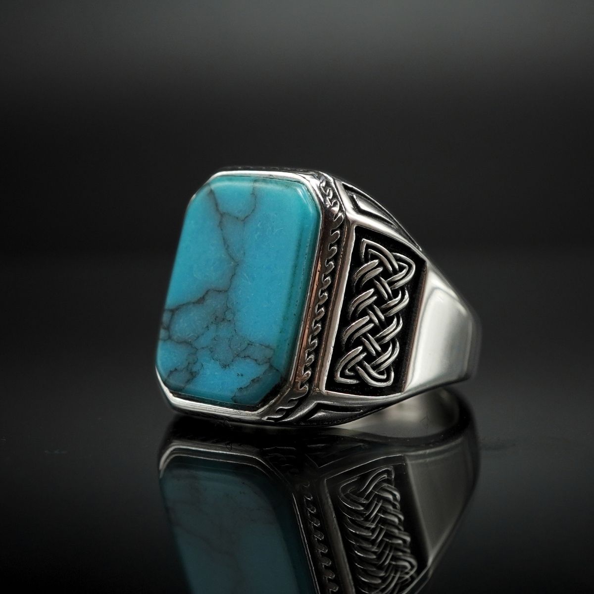 NATURAL TURQUOISE GEMSTONE HANDMADE RING FOR MEN IN SILVER