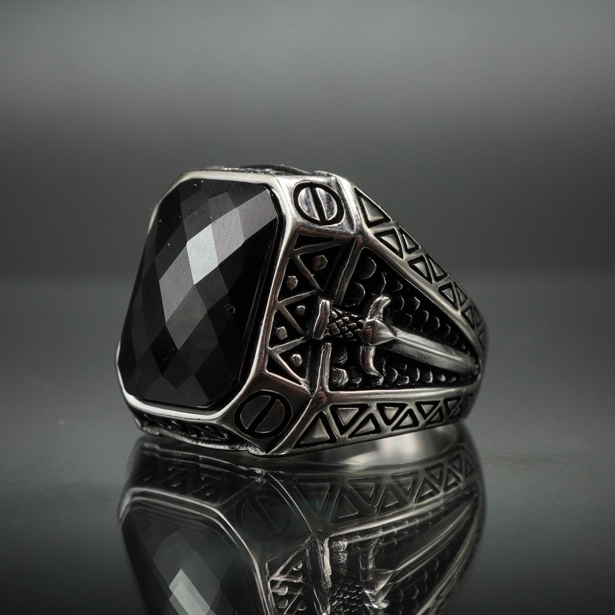 SWORD BLACK ONYX GEMSTONE 925 STERLING SILVER RING