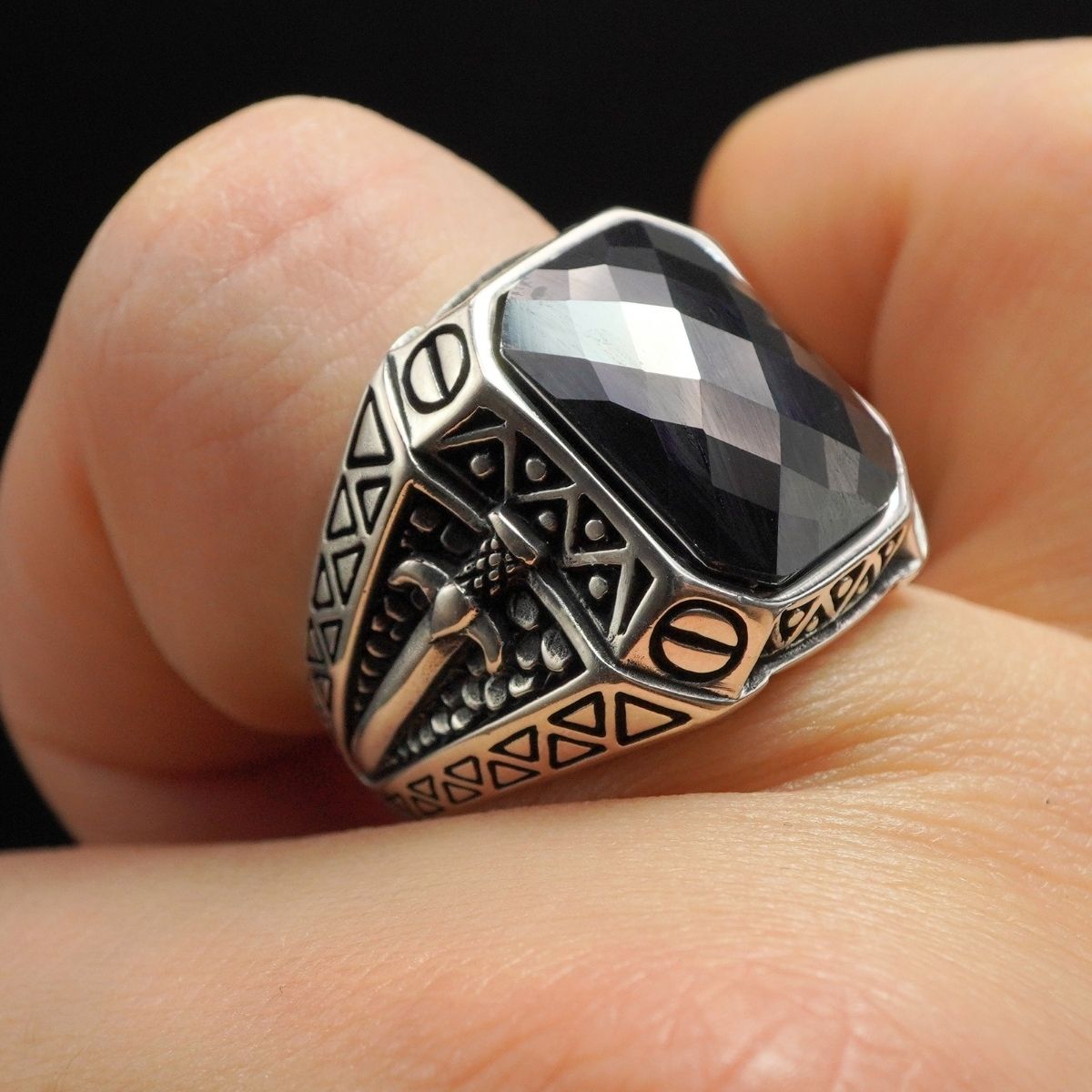 SWORD BLACK ONYX GEMSTONE 925 STERLING SILVER RING