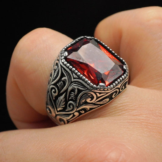 RUBY HANDMADE RING FOR MEN IN 925 SILVER