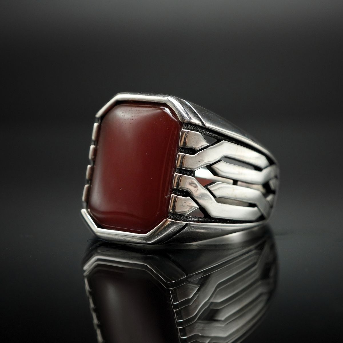AGATE RED RING FOR MEN IN SILVER