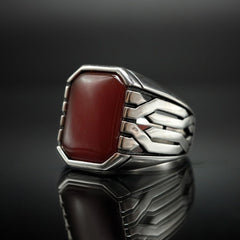 AGATE RED RING FOR MEN IN SILVER