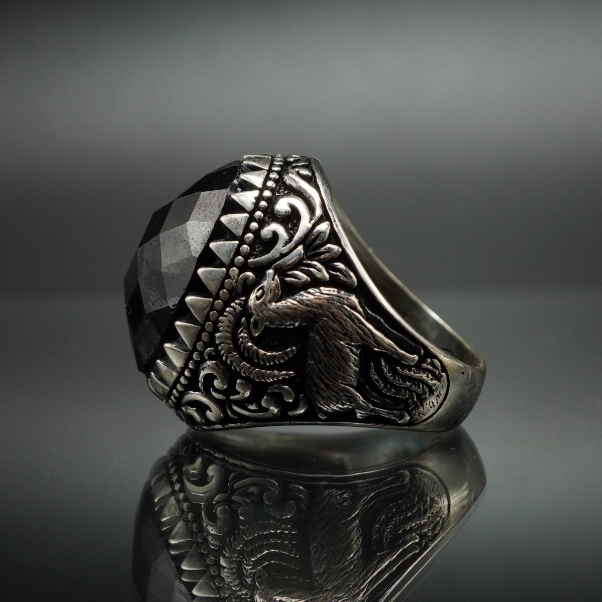 DEER BLACK ONYX 925 STERLING SILVER RING