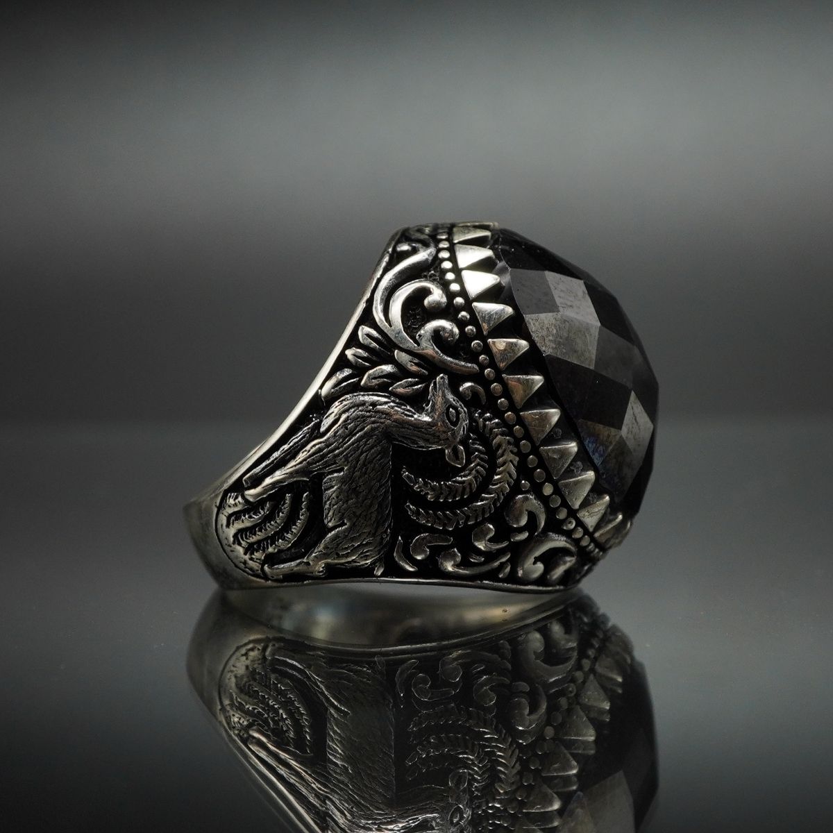 DEER BLACK ONYX 925 STERLING SILVER RING