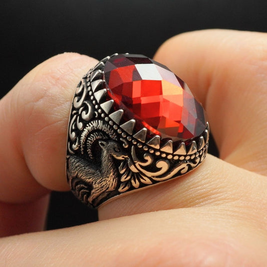 DEER 925 SILVER VINTAGE RING IN RUBY
