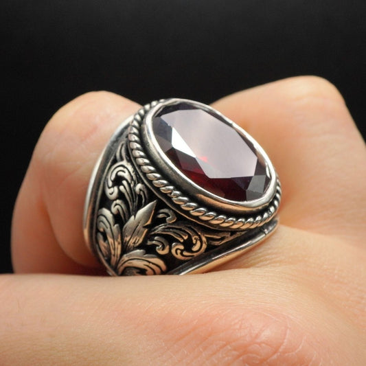 LARGE RED RUBY STONE 925 STERLING SILVER HANDMADE RING
